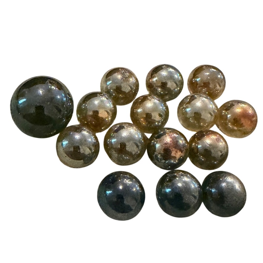 Iridescent Metallic Glass Marbles Lot Large Shooter Silver Bronze Blue 15 Pc